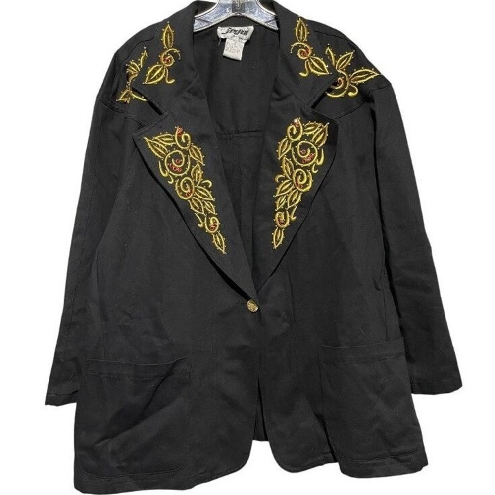Vintage DVine Womens Embroidered Blazer Jacket Black & Gold With Red Accents 3x